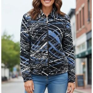 St John Knit Jacket Cardigan Womens 8 Black Blue White Full Zip Abstract